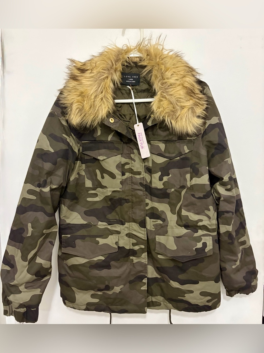 Love Tree Camouflage Puffer Jacket with Faux Fur Trim - Olive/Brown